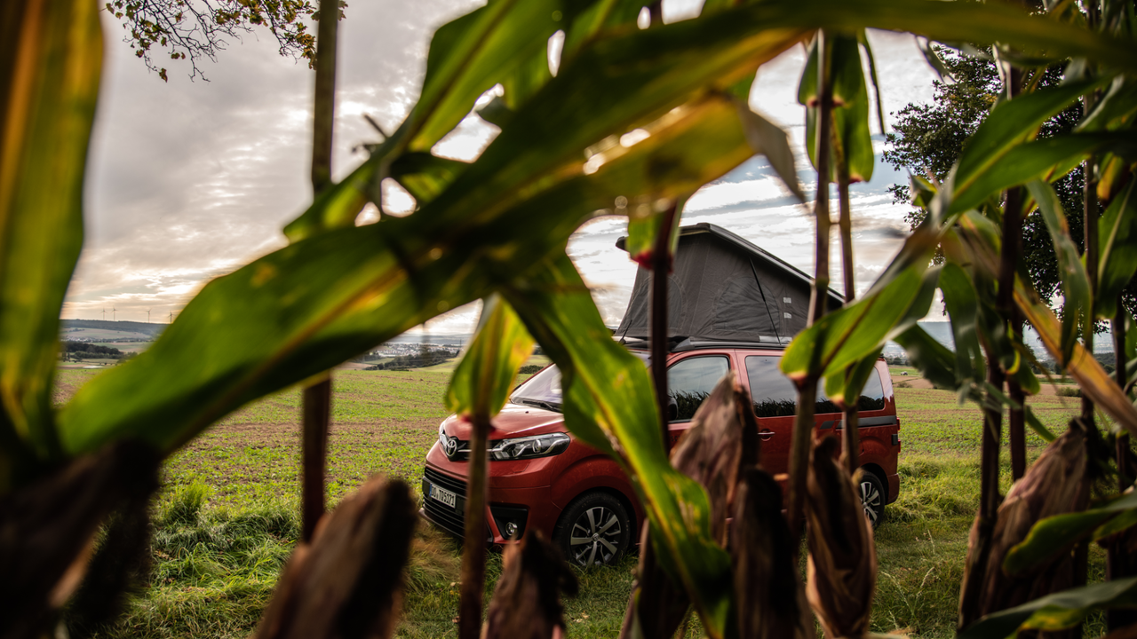 CROSSCAMP parkt in der Natur vor einem Maisfeld